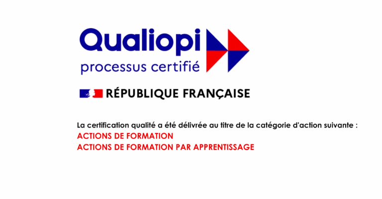 Qualiopi — processus certifié, République française. La certification qualité a été délivrée au titre de la catégorie d'action : actions de formation.